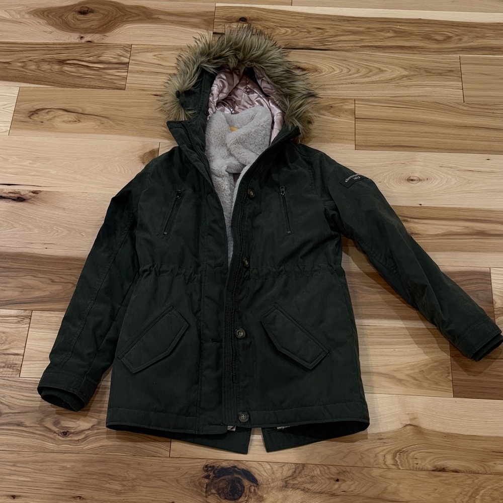Abercrombie Kids Dark Green Puffer Coat with Faux Fur Hood